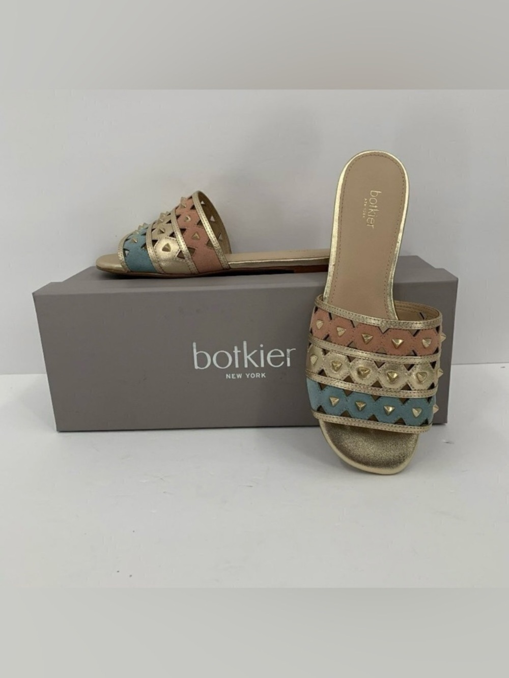 Botkier New York Maeva pastel sandal flat slides gold metallic blue pink new 5.5